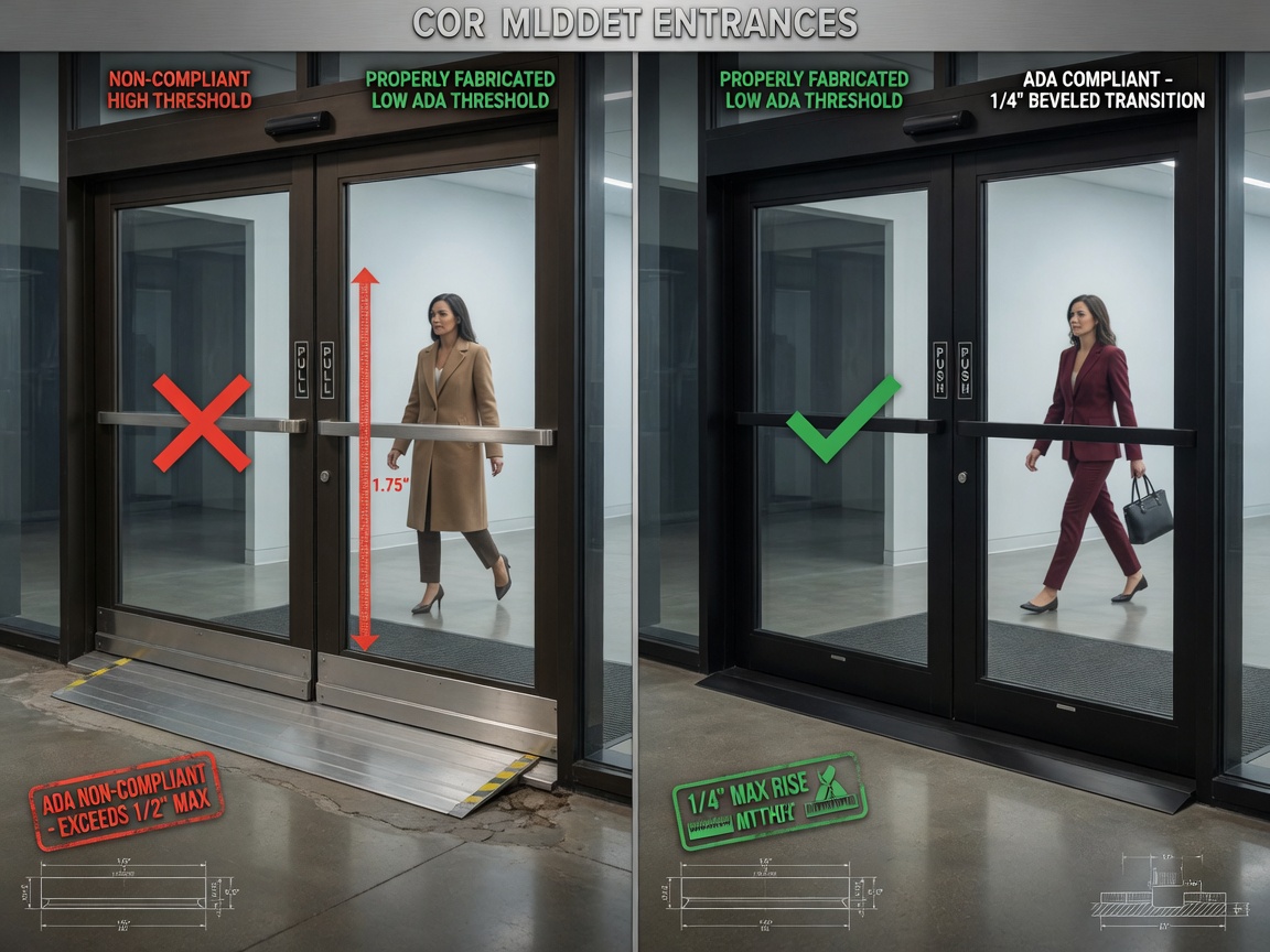 8K image showing comparison between non-compliant high threshold and properly fabricated low ADA threshold on commercial doors, side-by-side technical view
