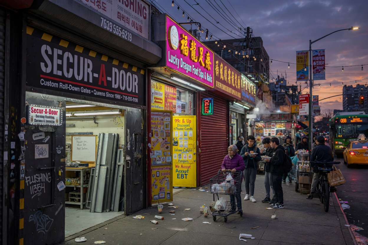 8K ultra-realistic image of a busy Flushing Queens retail street at dusk with illuminated custom steel security doors on storefronts, legible business names including 'Secur-A-Door', atmospheric city lighting, highly detailed