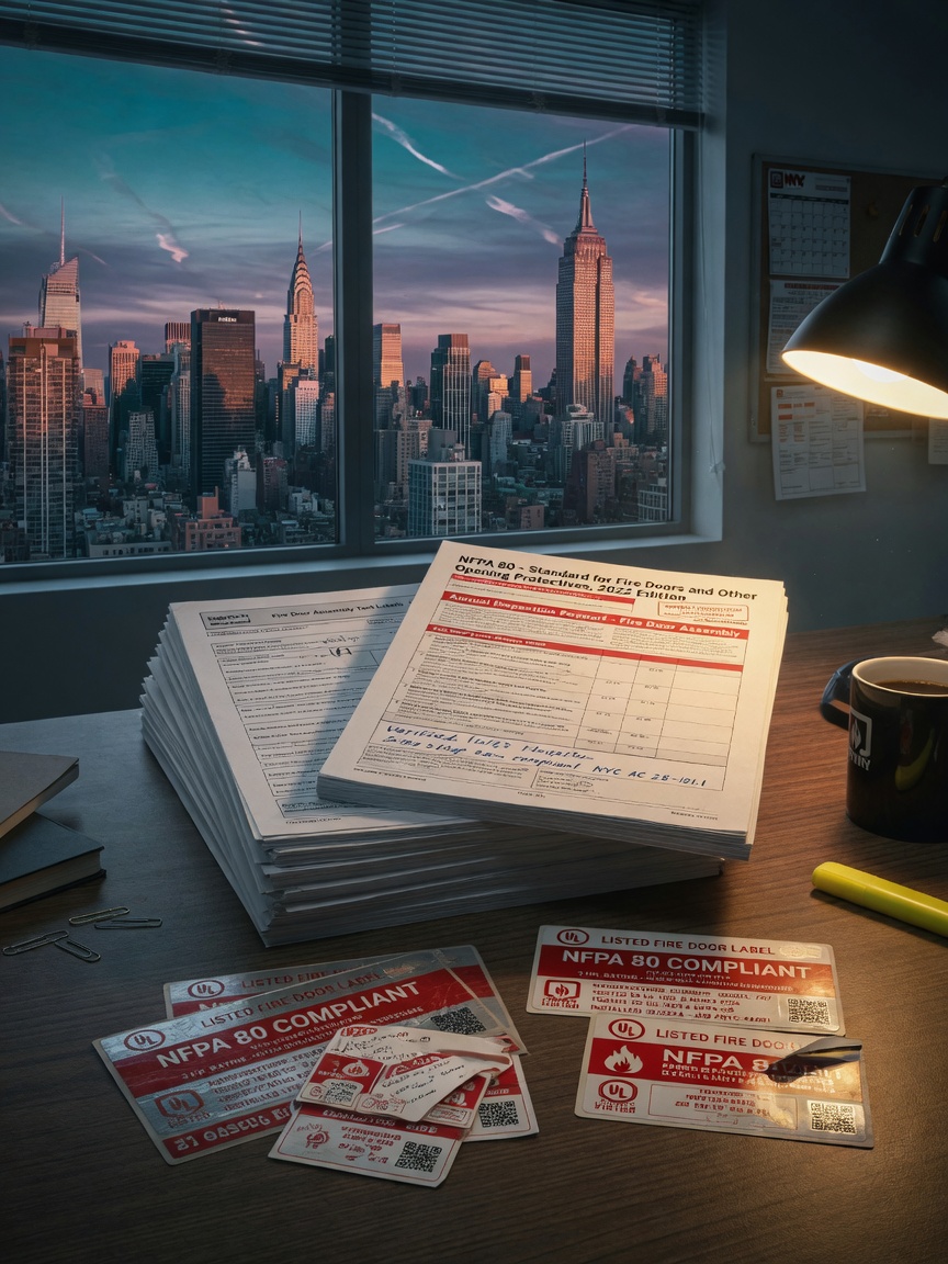 Stack of NFPA 80 compliance documentation and fire door assembly test labels on a desk with NYC skyline visible through window, realistic office setting