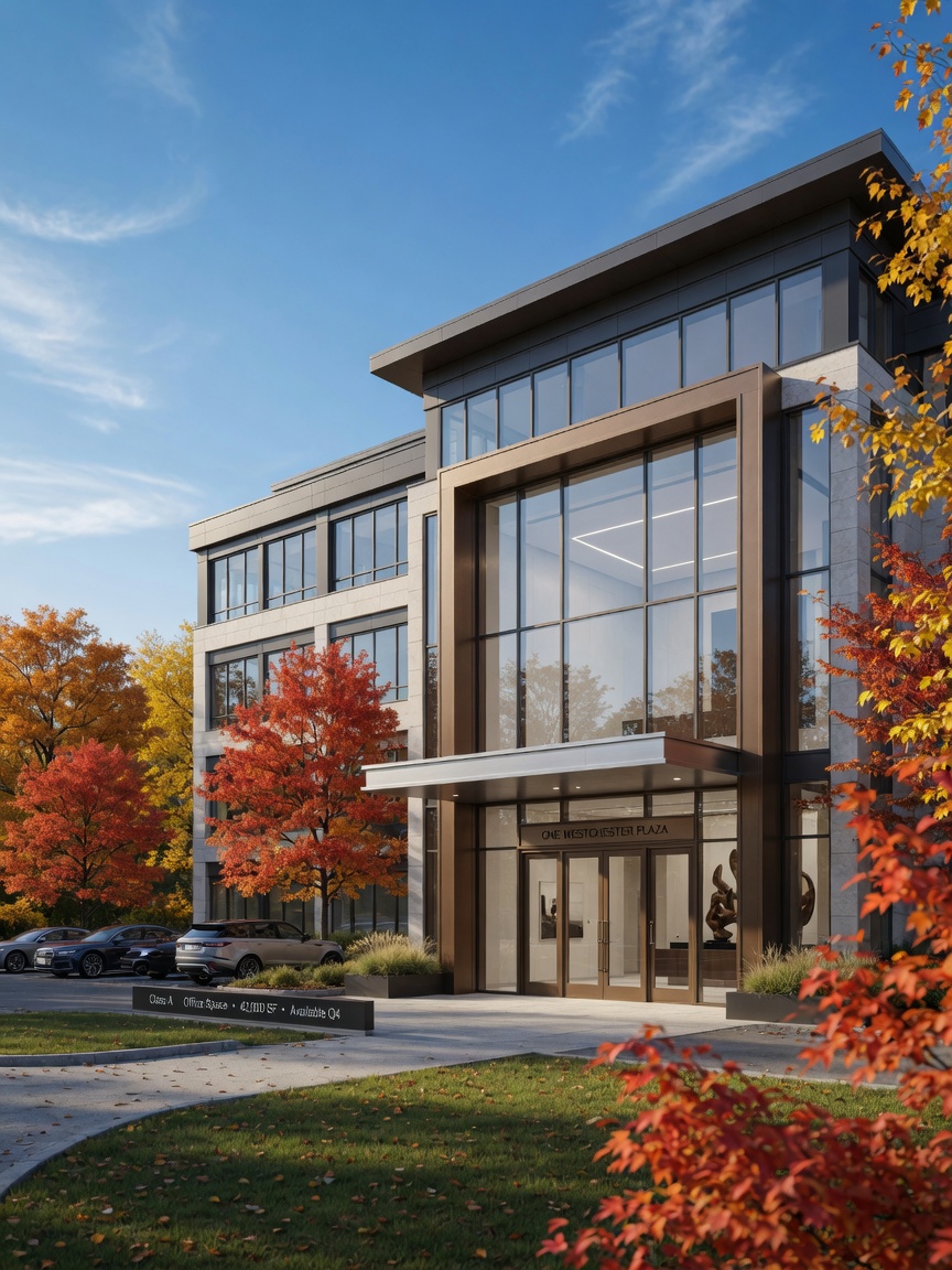 Professional 8K architectural rendering of Westchester County office building with custom thermal-break aluminum entrances, autumn foliage, crisp clear day, real estate marketing style