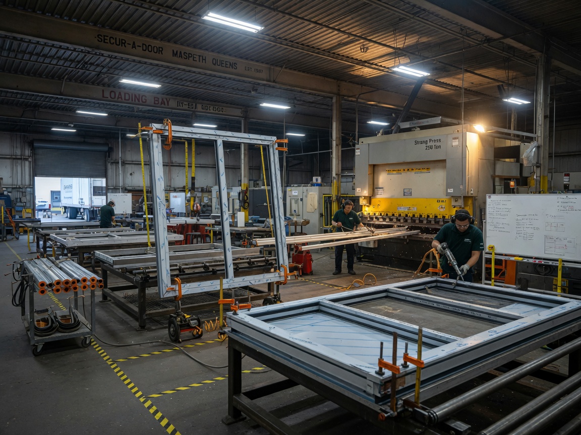 Professional 8K photograph of Secur-A-Door's Maspeth Queens fabrication facility interior with aluminum entrance frames in production, realistic industrial setting