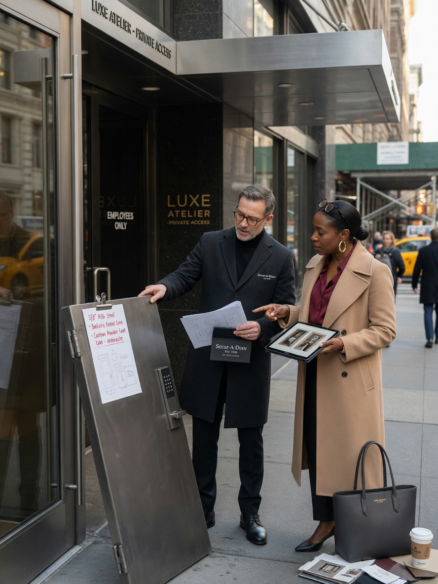Photorealistic 8K photograph of Secur-A-Door owner-operator consulting with a Manhattan business owner at a commercial entrance, discussing custom steel door specifications, natural interaction, professional setting