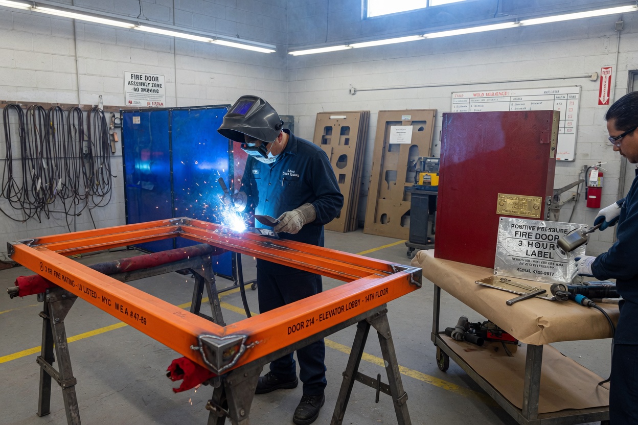 Custom fire door fabrication process showing precise frame welding and label application in a clean Queens manufacturing facility, industrial realism