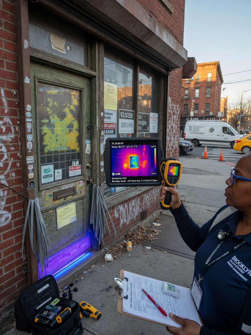 8K ultra-realistic image of property manager conducting energy audit with thermal imaging camera pointed at old drafty storefront door in Brooklyn, technical documentary photography
