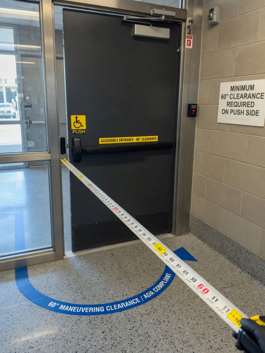Ultra-realistic 8K close-up of accessible push-side maneuvering clearance for commercial entrance with proper 60-inch dimension, architectural photography
