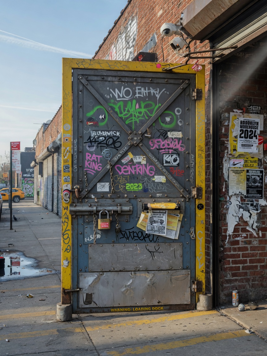 8K ultra-photorealistic image of a custom steel security door in a Bushwick Brooklyn warehouse entrance, heavy industrial use visible, reinforced frame, clear morning light, authentic NYC industrial atmosphere