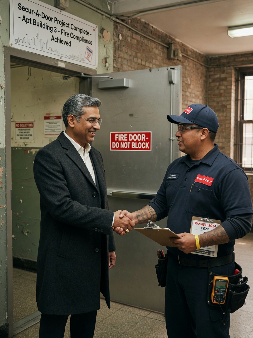 Building owner shaking hands with Secur-A-Door technician after successful fire door installation project in a multi-family Queens residential building