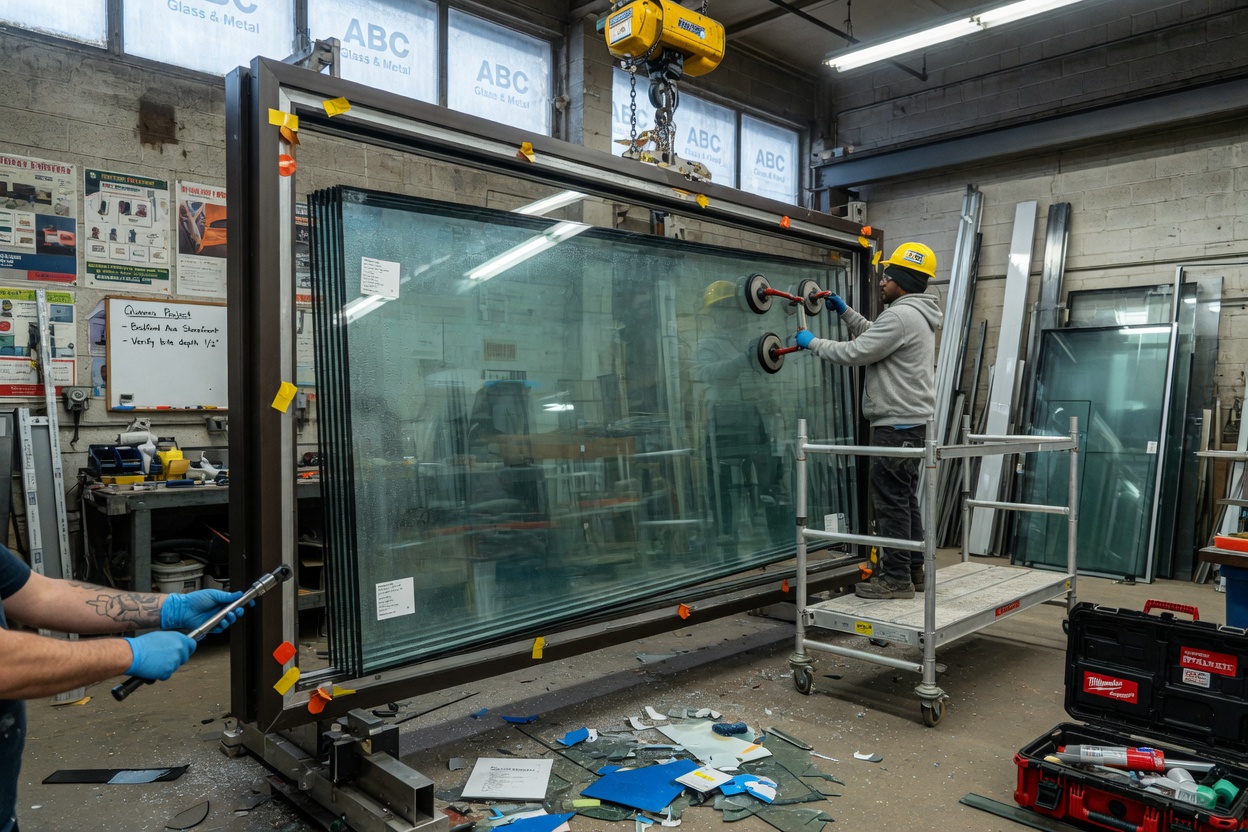 Detailed 8K photograph of triple-glazed low-E insulated glass unit being installed into custom aluminum storefront frame in Queens workshop, precision craftsmanship, industrial realism