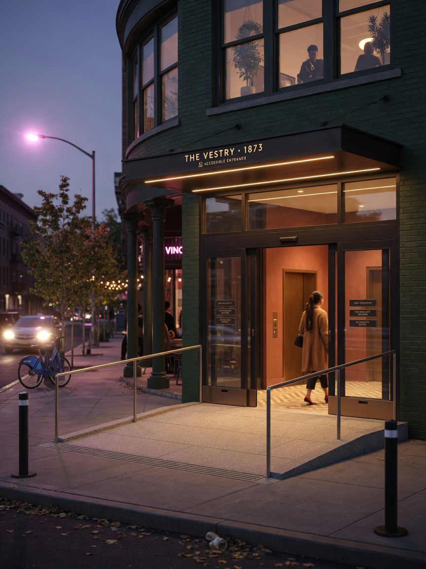 8K image of a custom ADA compliant double commercial entrance in a Brooklyn mixed-use development, evening lighting with warm interior glow