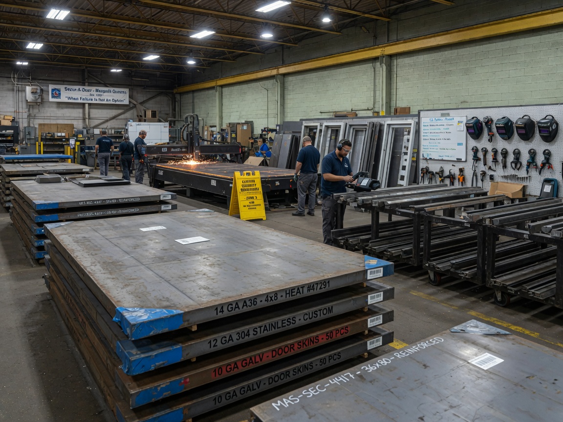 Ultra-realistic 8K view inside the Secur-A-Door Maspeth Queens facility showing rows of heavy-gauge steel sheets ready for custom security door fabrication, organized workshop, professional environment, detailed textures