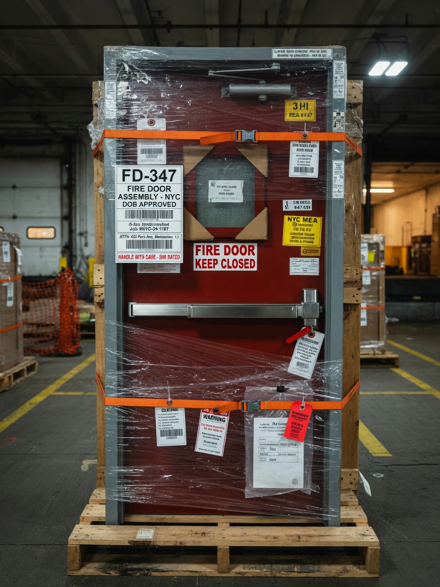 Ultra-realistic image of a complete labeled fire door assembly including frame, door, hardware, and glazing packed and ready for delivery in NYC