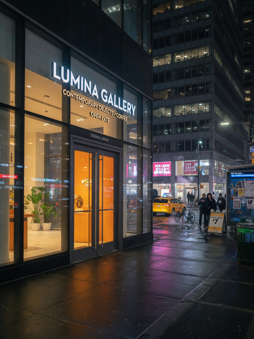 Ultra-realistic 8K night photo of illuminated modern commercial storefront in Manhattan with thermal break entrances glowing warmly against cold city street, atmospheric urban photography