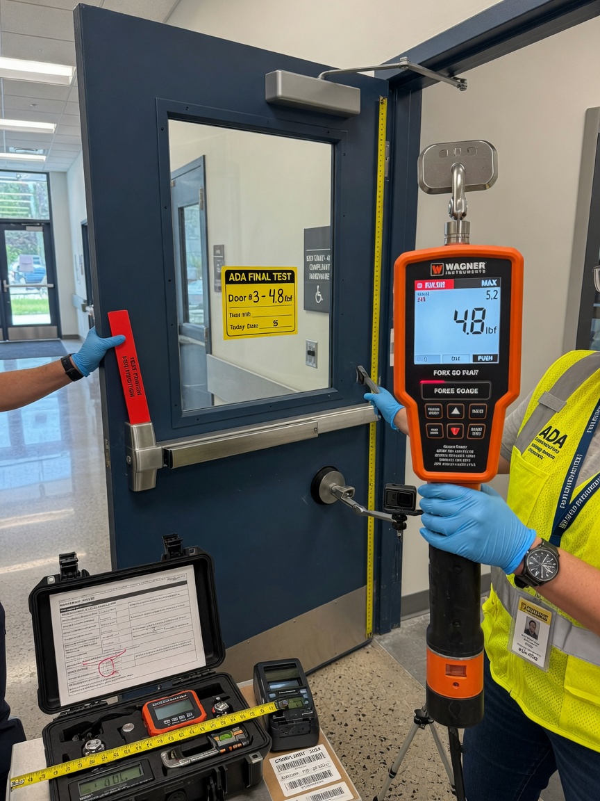 Technical 8K photograph of commercial door opening force measurement tool being used during final ADA compliance testing, precise and realistic