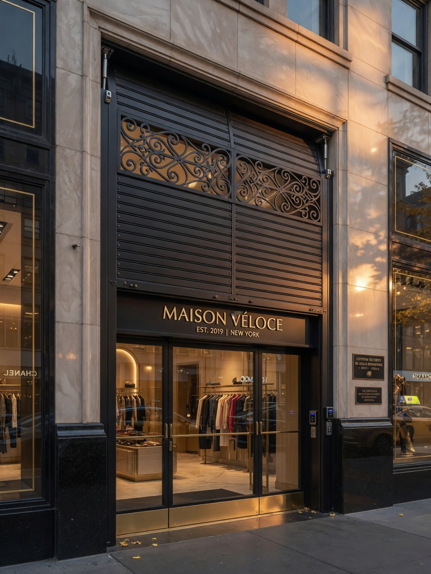 8K photorealistic image of a completed custom heavy-gauge steel security door installation on a high-end Manhattan storefront, golden hour lighting, elegant architectural integration, perfectly legible signage, ultra-detailed