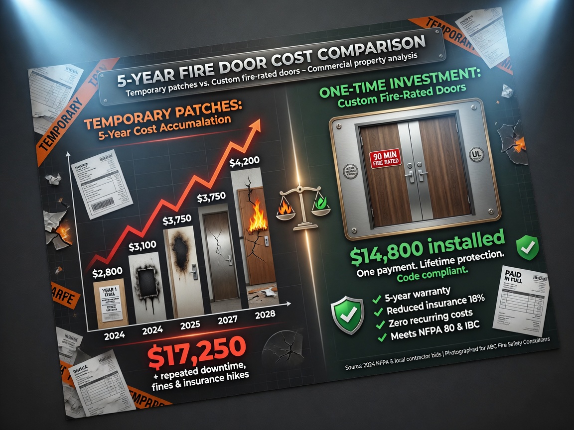 Comparative infographic style image showing temporary patch costs accumulating over five years versus one-time investment in custom fire-rated doors, clean professional design