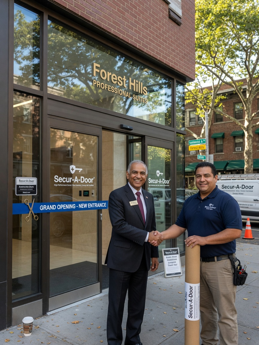 8K image of satisfied commercial building owner shaking hands with Secur-A-Door installer in front of newly completed high-performance entrance in Forest Hills Queens, business photography