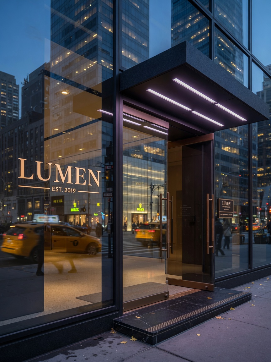 Wide ultra-realistic 8K view of a fully compliant modern storefront entrance in Manhattan with large glass panels and custom hardware, high-end architectural style