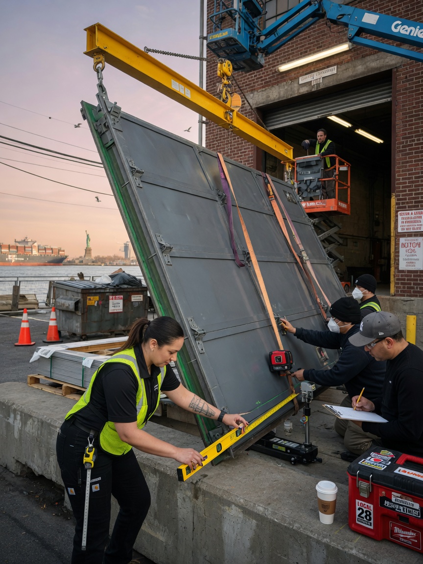 Ultra-photorealistic 8K scene of professional installation team from Secur-A-Door aligning a large custom steel door on a loading dock in Red Hook Brooklyn, precise measurements being taken, authentic work environment