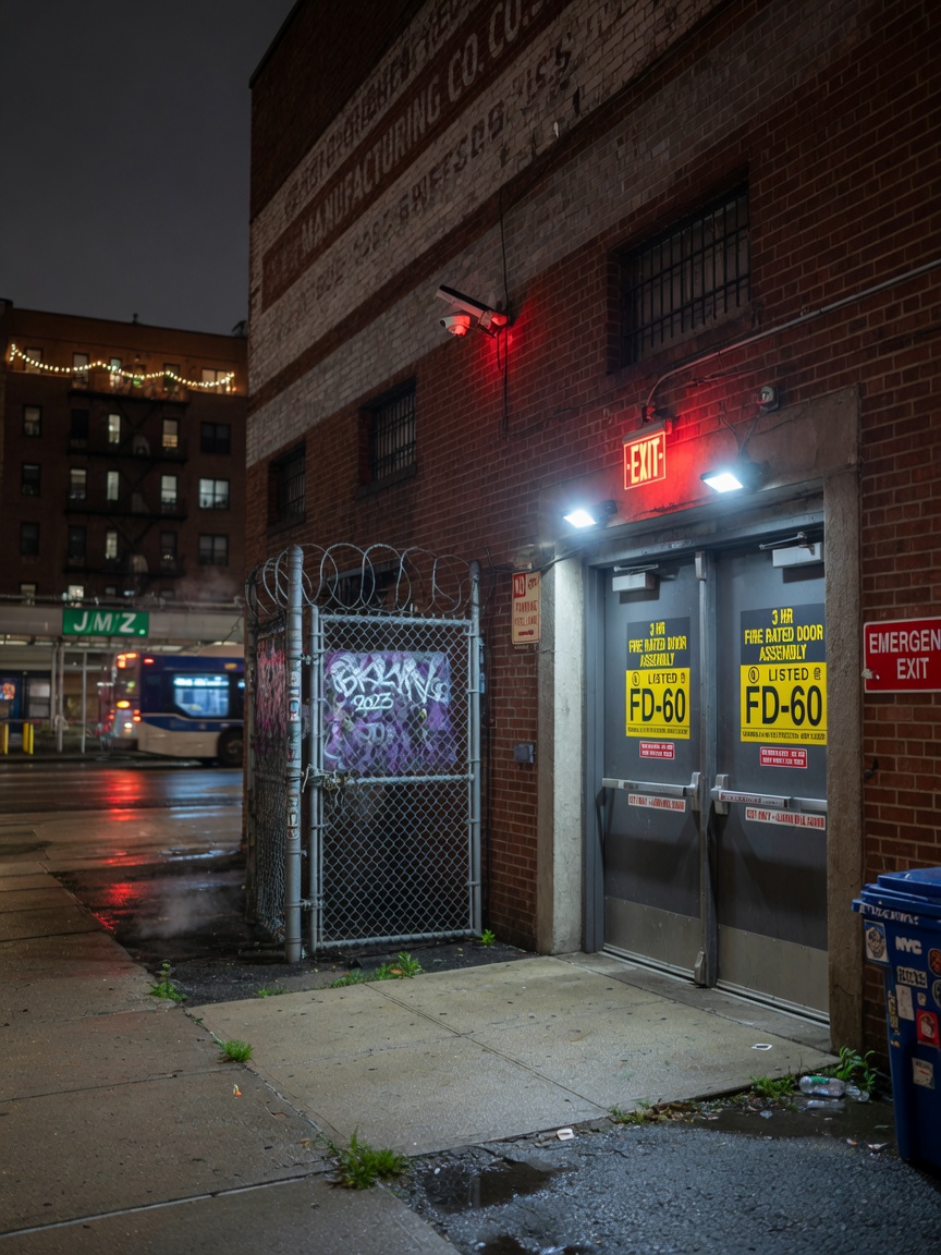 Nighttime exterior view of a secure commercial building in Brooklyn with illuminated exit doors featuring visible fire-rated assemblies, urban atmosphere