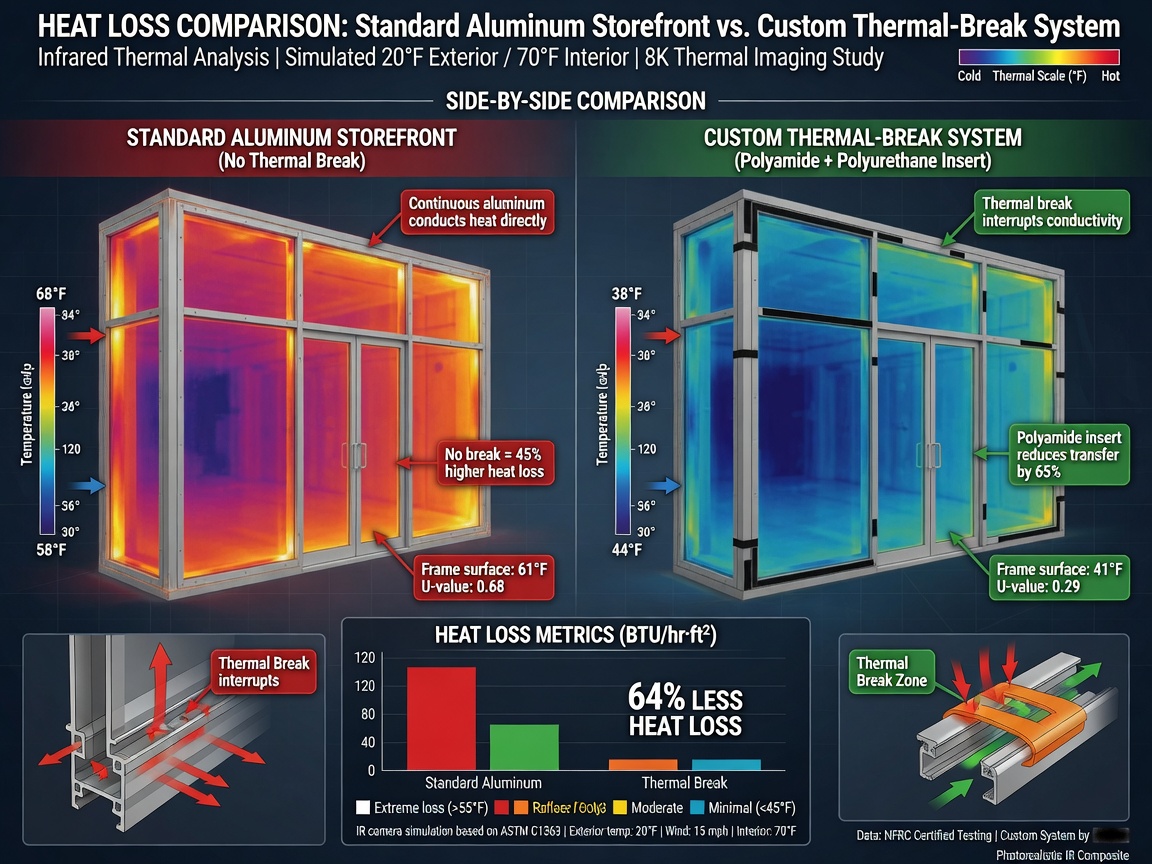 Technical 8K infographic style image showing heat loss comparison between standard aluminum storefront and custom thermal-break system with color-coded infrared visualization, clean educational design