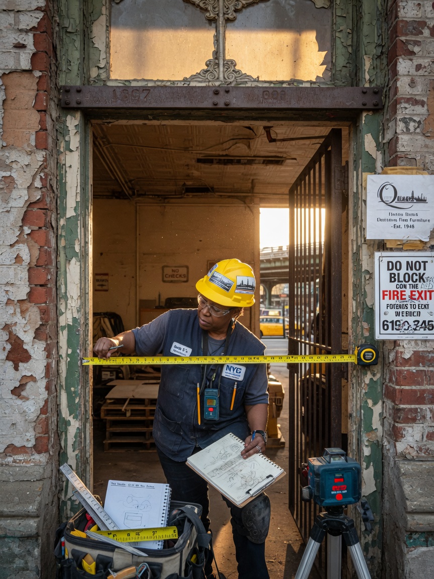 8K documentary style image of an experienced technician performing on-site measurement of an existing commercial door opening in a historic Queens building