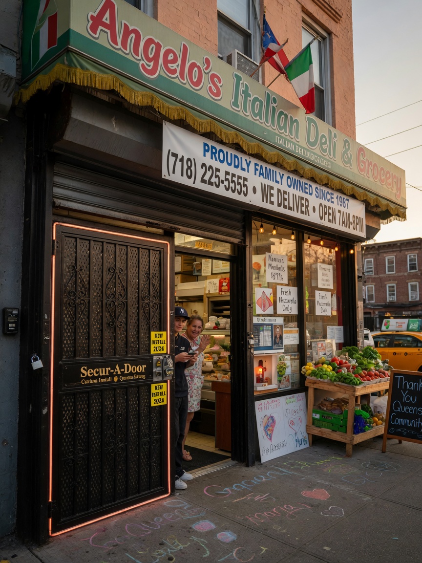 8K ultra-realistic photograph of a family-owned Queens business protected by a new Secur-A-Door custom steel security door, warm community feel, clear signage with phone number (718) 225-5555, inviting yet secure appearance