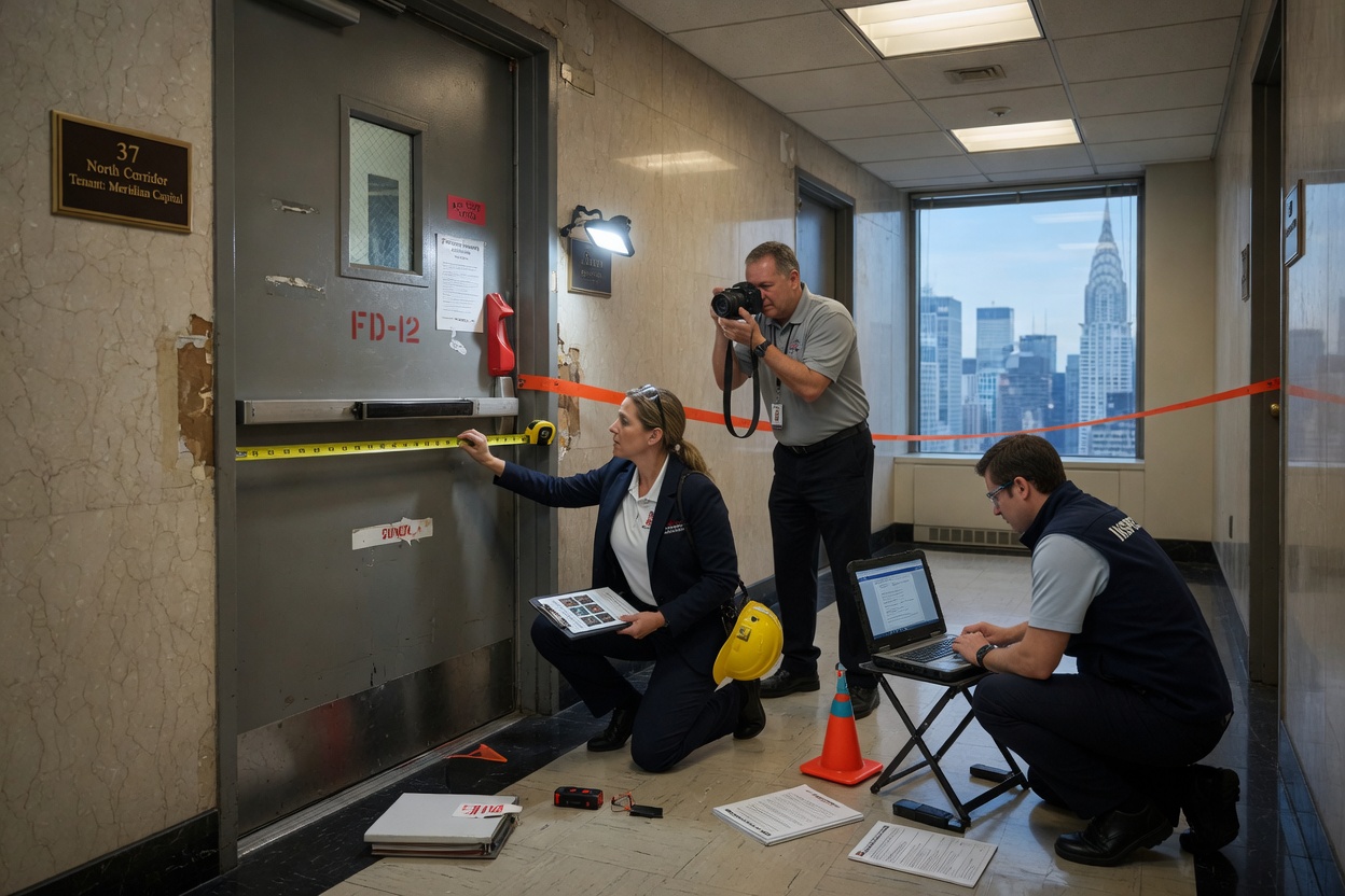 Professional team conducting on-site fire door assessment in a high-rise Manhattan building, measuring, photographing, and documenting openings, realistic corporate scene