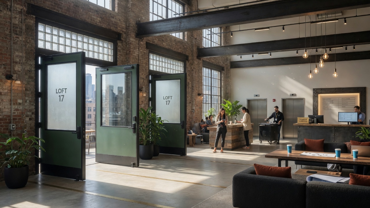 Ultra-realistic 8K wide shot of busy Brooklyn warehouse conversion office lobby featuring newly installed custom insulated commercial doors, modern interior design, natural light streaming in