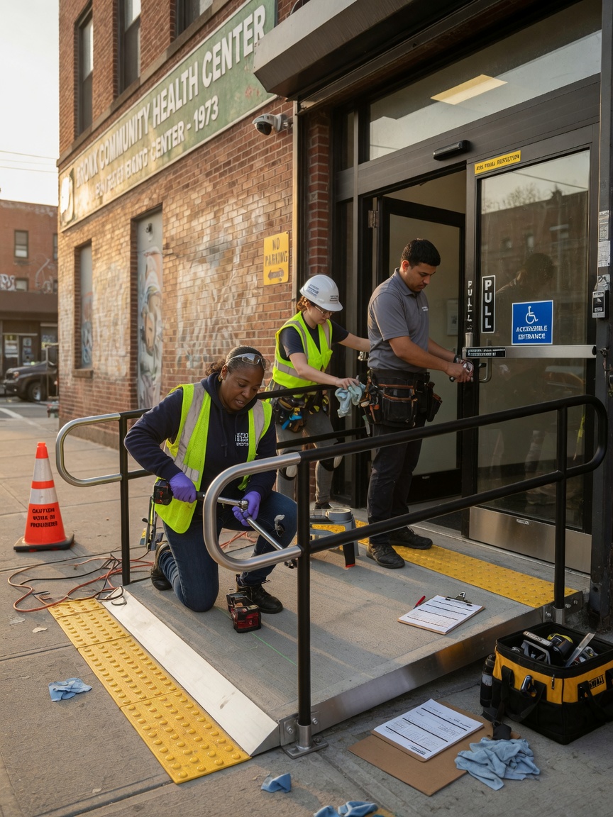 Ultra-realistic 8K photograph of a completed custom fabricated ADA compliant building entrance installation team finishing final adjustments on a Bronx commercial property
