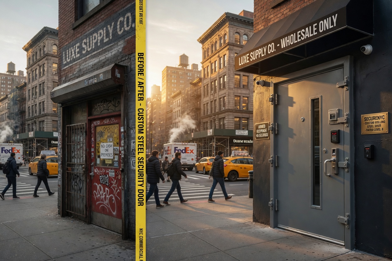 Cinematic 8K ultra-photorealistic image showcasing before-and-after concept of commercial security in NYC with custom steel door on right side, busy Manhattan street background, golden lighting, powerful visual contrast, highly detailed
