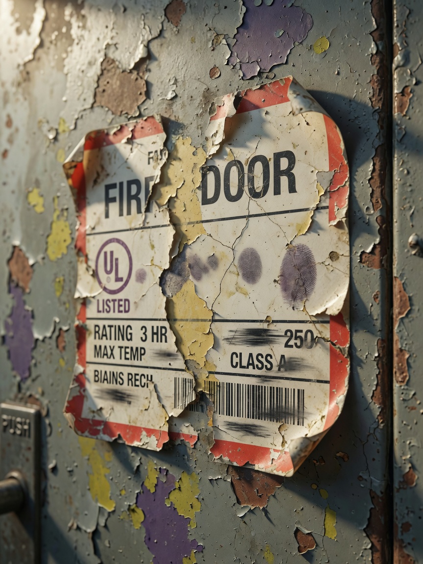 Extreme close-up of an illegible faded fire door label on an old commercial door, showing peeling paint and unreadable UL listing, macro photography, sharp focus, natural lighting