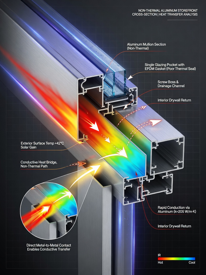 Detailed 8K cross-section rendering of non-thermal aluminum storefront frame showing heat transfer with infrared color mapping, technical diagram style with annotations, clean studio lighting