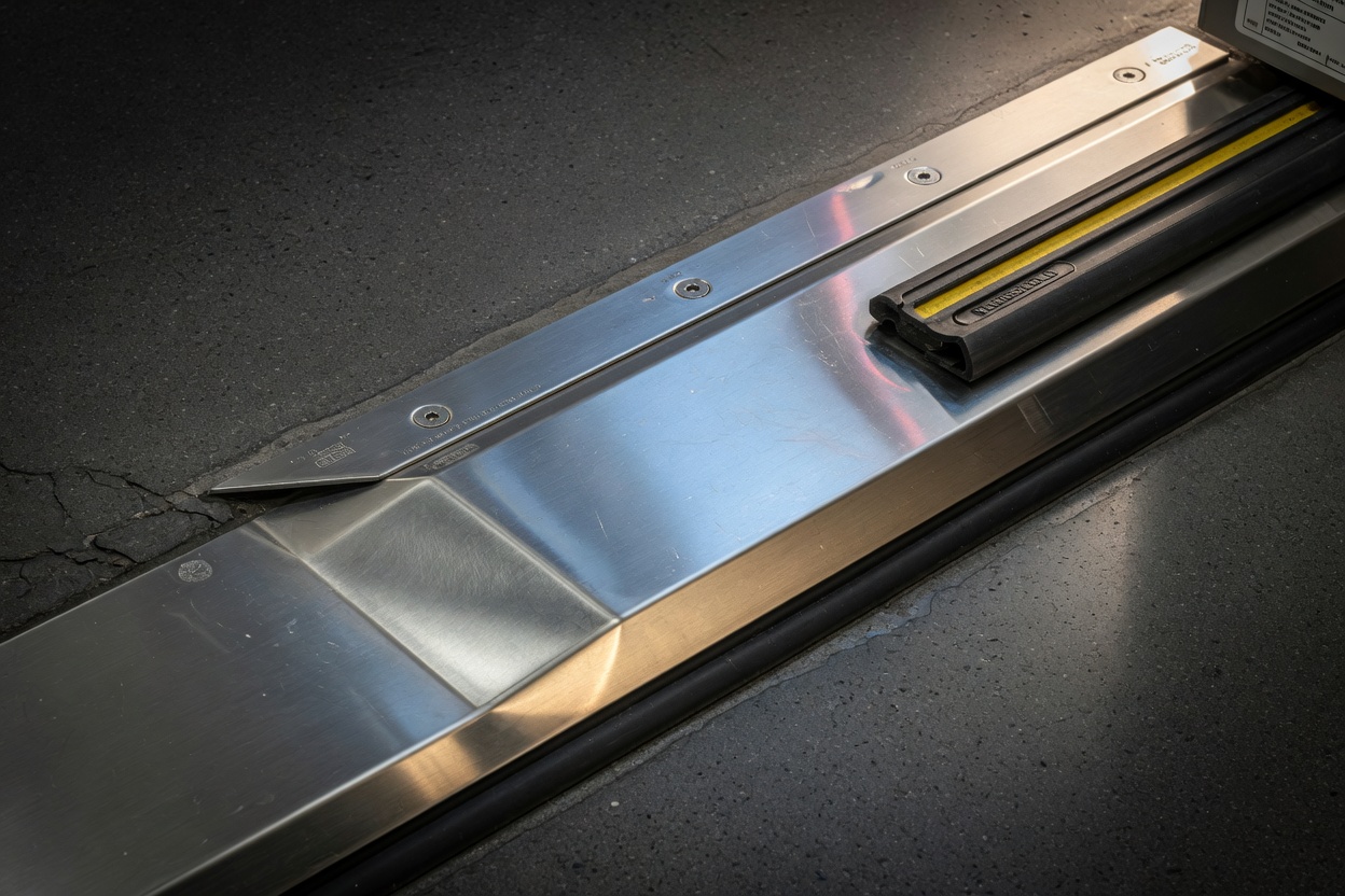 Close-up 8K image of an ADA compliant commercial door threshold with exact 1/2 inch beveled height, stainless steel transition, realistic material textures, technical documentation style