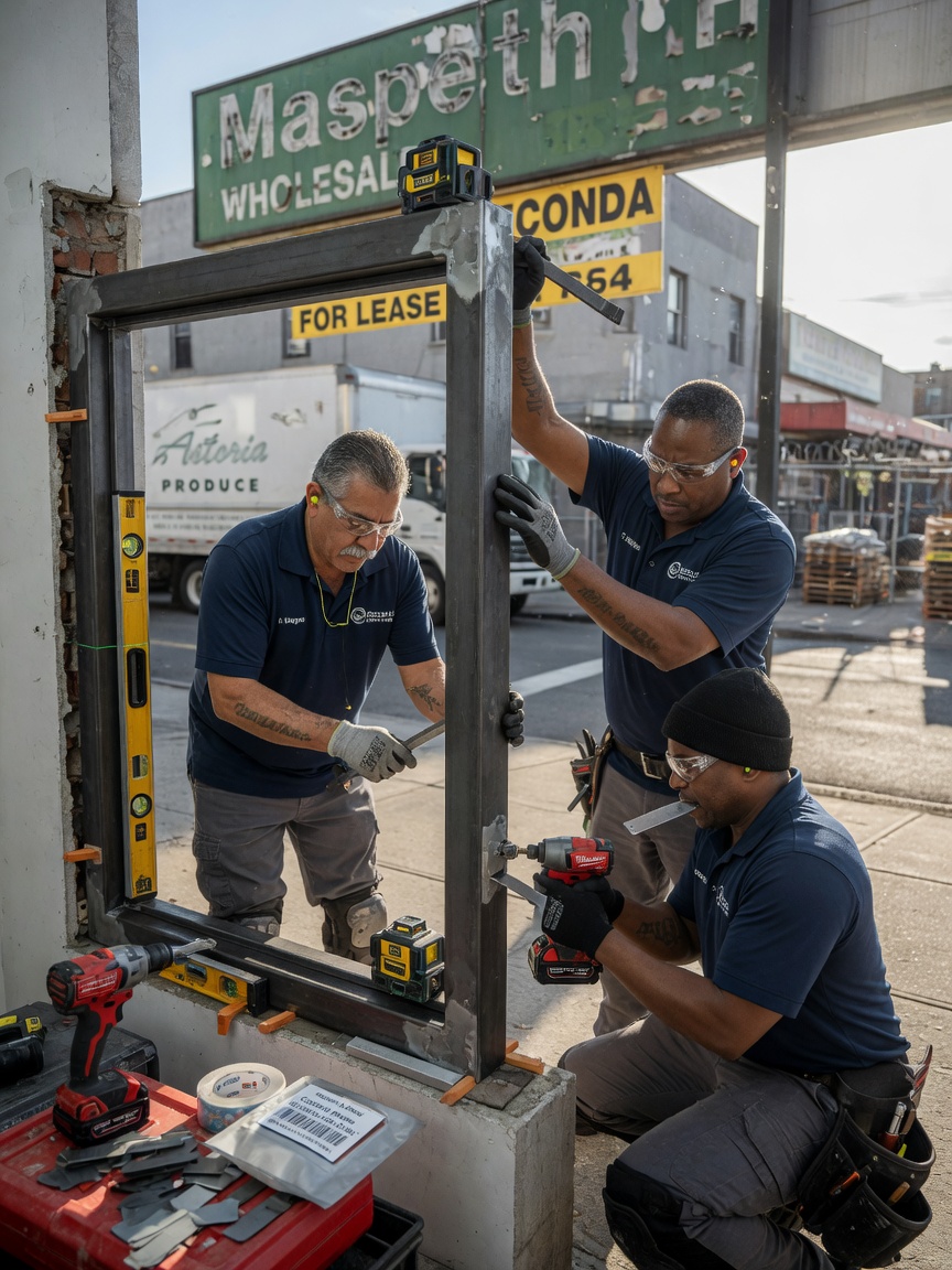 Ultra-realistic 8K photograph of professional security door installers from Secur-A-Door carefully fitting a custom steel frame into a commercial entrance in Maspeth Queens, precise tools visible, focused craftsmen in uniform, natural daylight, hyper-detailed