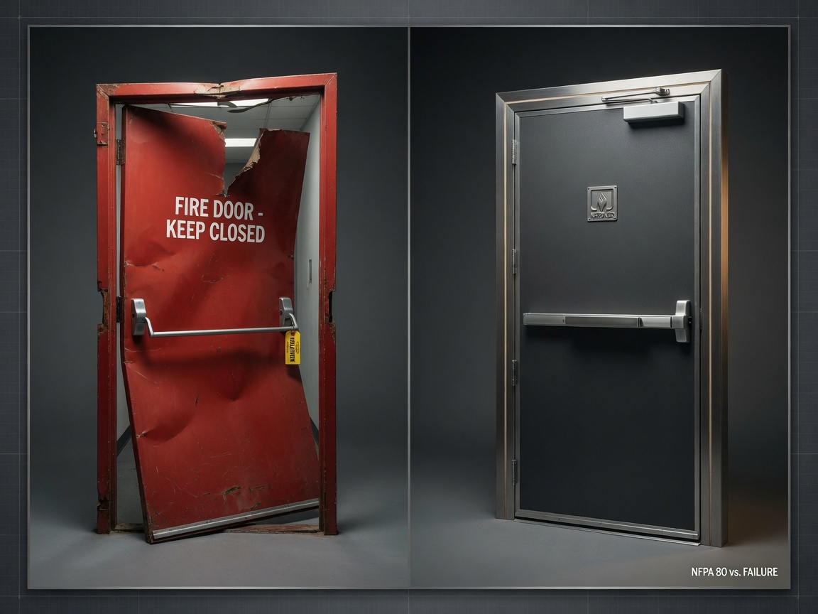 Side-by-side comparison of a warped fire door with excessive gaps at the top and a perfectly installed custom heavy-gauge fire door with tight NFPA 80 clearances, professional studio lighting