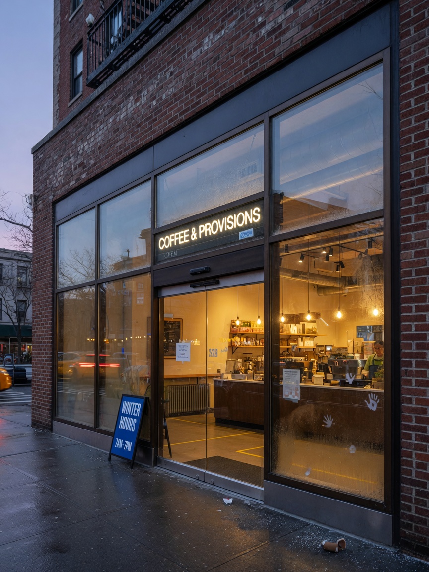 Ultra-realistic 8K image of modern thermal-break insulated commercial storefront entrance installed on Brooklyn mixed-use building, warm interior lighting contrasting cold exterior, high detail architectural photography