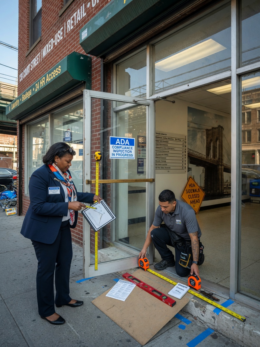 Professional 8K photograph showing a property manager and technician measuring a commercial entrance for ADA compliance in a Brooklyn mixed-use building, natural lighting, documentary style