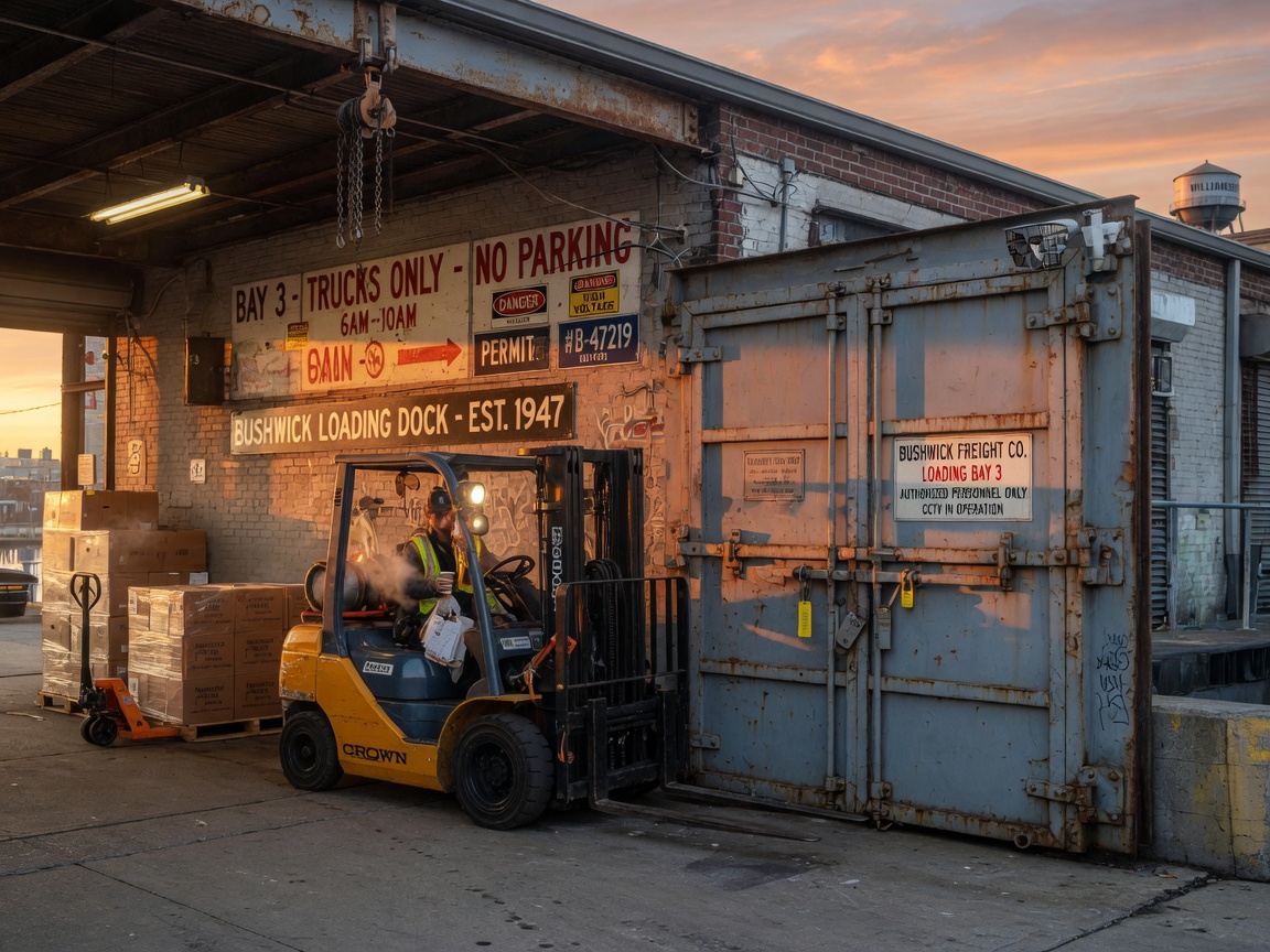 8K photorealistic image of a busy Brooklyn industrial loading dock at sunrise featuring a robust custom fabricated steel security door with reinforced frame, forklift nearby, industrial signage clearly legible, golden light, cinematic composition