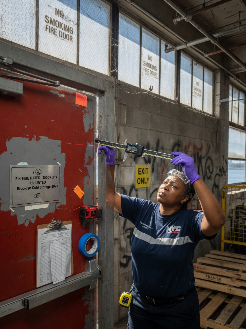 Professional technician in uniform carefully measuring clearances on a commercial fire door using precision calipers in a Brooklyn warehouse, realistic details, natural daylight