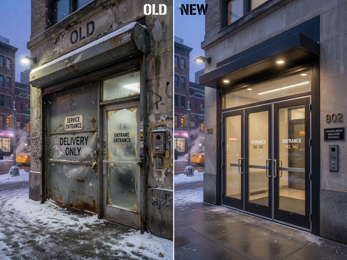 Side-by-side 8K comparison of old drafty steel commercial door versus new custom insulated thermal-break entrance on Manhattan building facade, realistic winter conditions, professional real estate photography