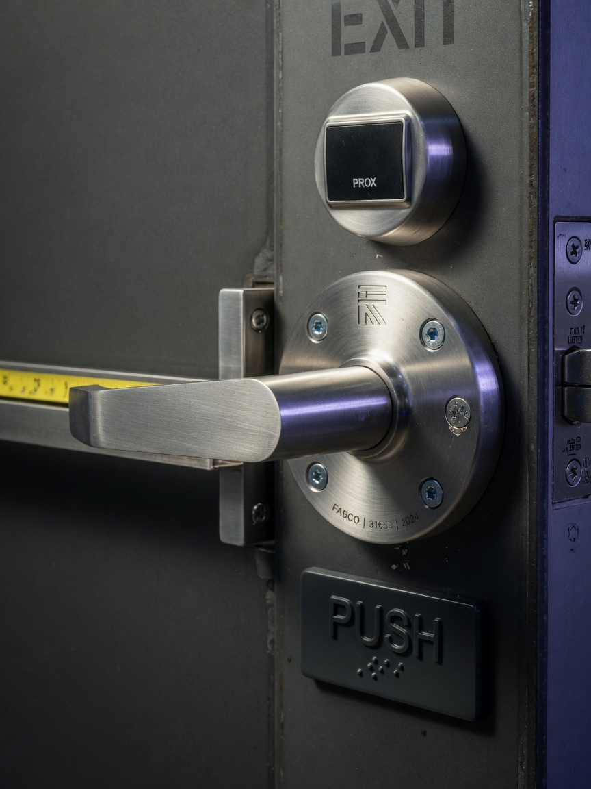 Ultra-detailed 8K image of custom fabricated steel commercial door hardware including lever handle at proper 34-48 inch reach range, brushed metal finish, precise focus