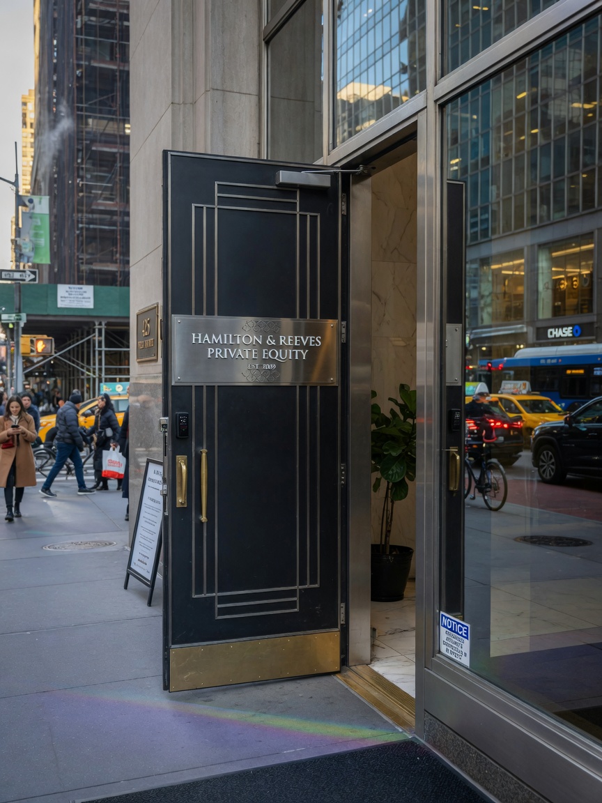 Ultra-photorealistic 8K NYC street scene showing a modern Manhattan commercial building entrance protected by a custom-designed heavy-gauge steel security door with elegant lines, legible company name on door, bustling city background, perfect reflections