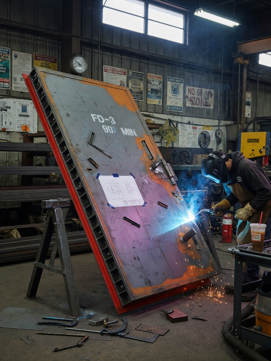 Heavy-gauge hollow metal fire door under construction in a Queens fabrication shop, showing welding and precise assembly, industrial environment, realistic 8K detail