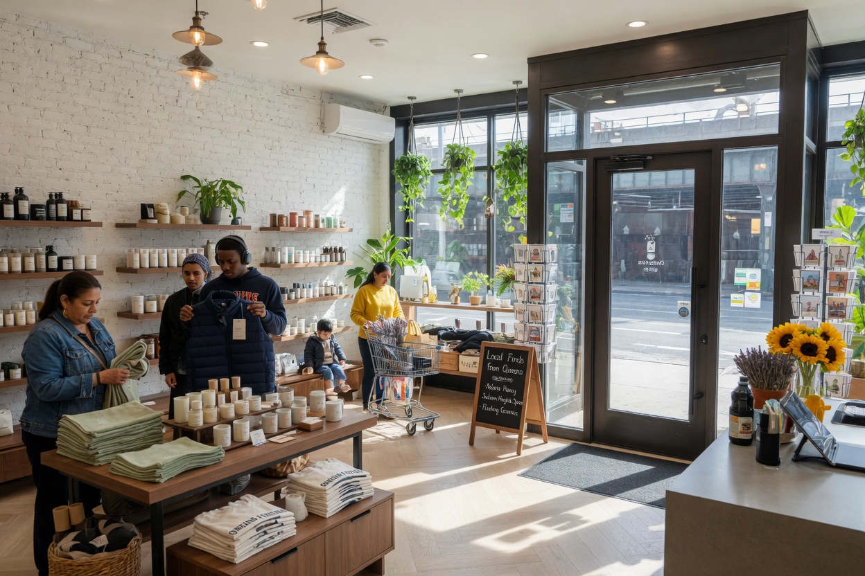 8K ultra-realistic interior view of comfortable modern retail space in Queens with new high-performance insulated commercial doors, customers shopping, bright natural light, lifestyle business photography