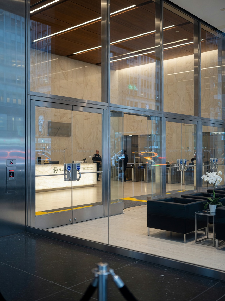 8K architectural rendering of a Manhattan office building lobby with multiple custom ADA compliant glass and aluminum entrances, realistic reflections and materials