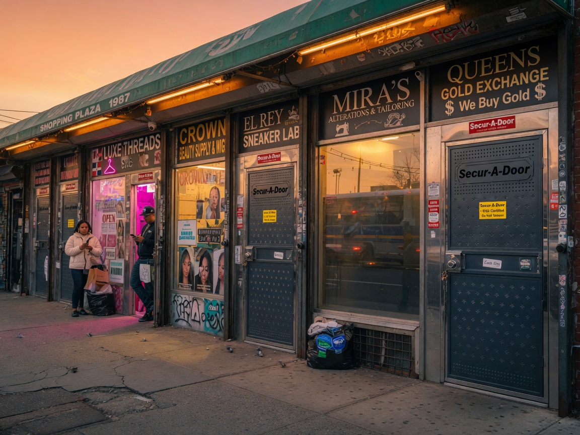 8K ultra-realistic photograph of a Queens retail corridor at golden hour with multiple storefronts featuring matching custom steel security doors from Secur-A-Door, clear readable business names, warm ambient lighting, highly detailed urban texture