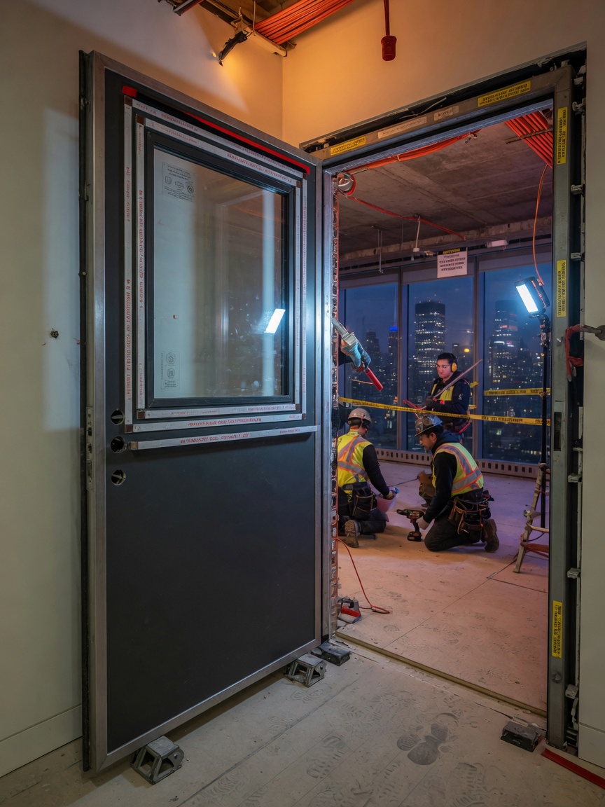 Modern custom fire-rated door assembly with vision light and proper intumescent seals being installed in a Manhattan high-rise office building, workers in background, realistic scene