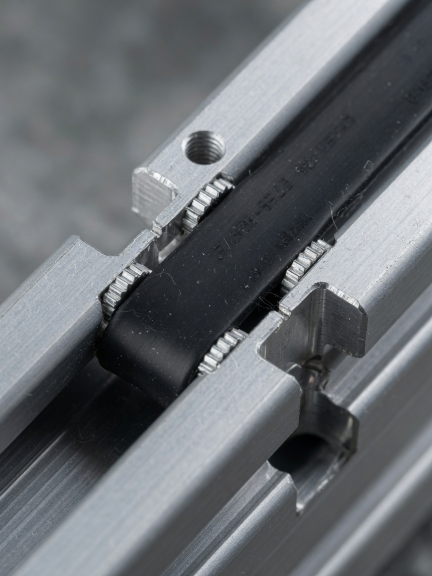 Close-up 8K macro photograph of polyamide thermal break in custom aluminum extrusion, precise engineering detail, studio lighting with depth of field, technical product photography