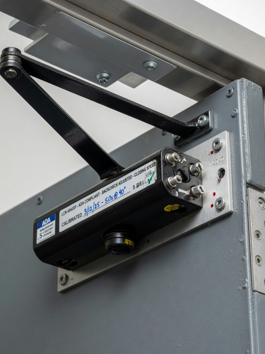 Close-up ultra-realistic 8K photo of a commercial door closer properly calibrated for 5-second ADA opening timing, mounted on metal door, technical detail shot