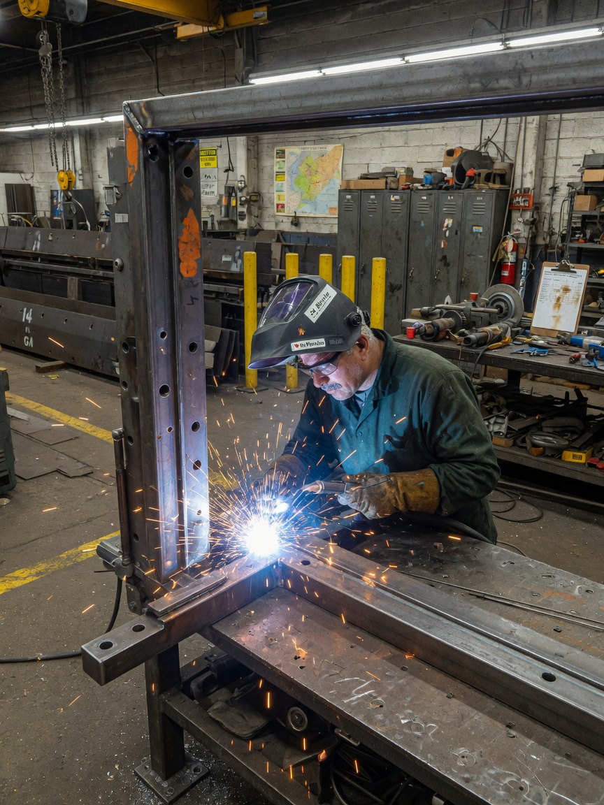 Photorealistic 8K image of a custom steel security door frame being precision-welded in the Secur-A-Door Maspeth Queens fabrication shop, sparks flying, heavy gauge steel visible, skilled craftsman at work, industrial interior, ultra-detailed